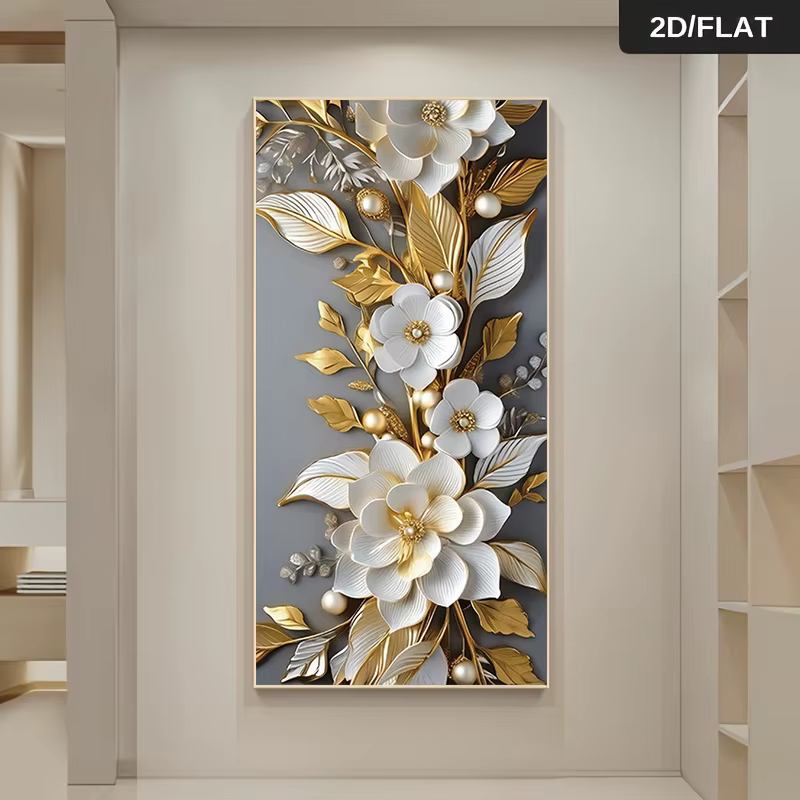1 peinture sur toile moderne et luxueuse avec des fleurs dorées et blanches, décoration en perles, peinture suspendue sans cadre, pour salon