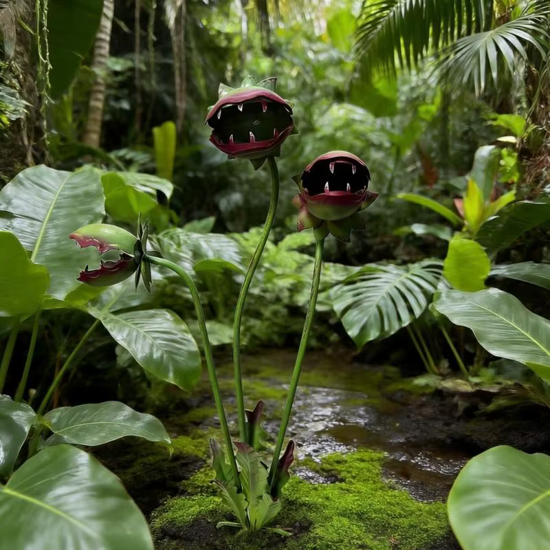 Sculpture plante mangeuse d'insectes en métal fabriquée à main pour les décors jardin ajoute charme à quel