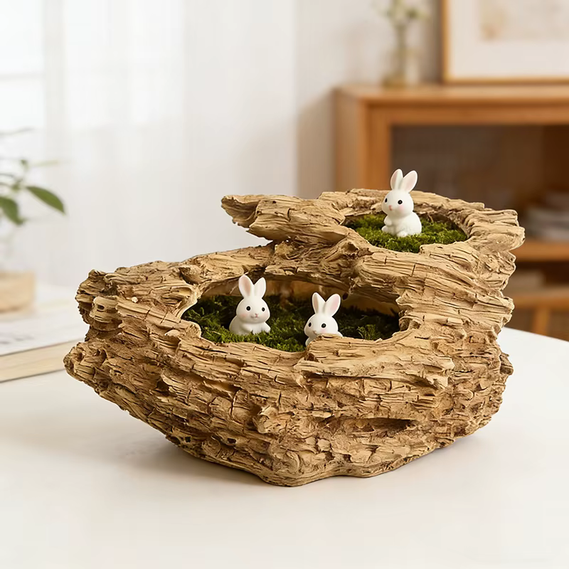 Pot de fleurs en résine imitation bois flotté avec deux trous