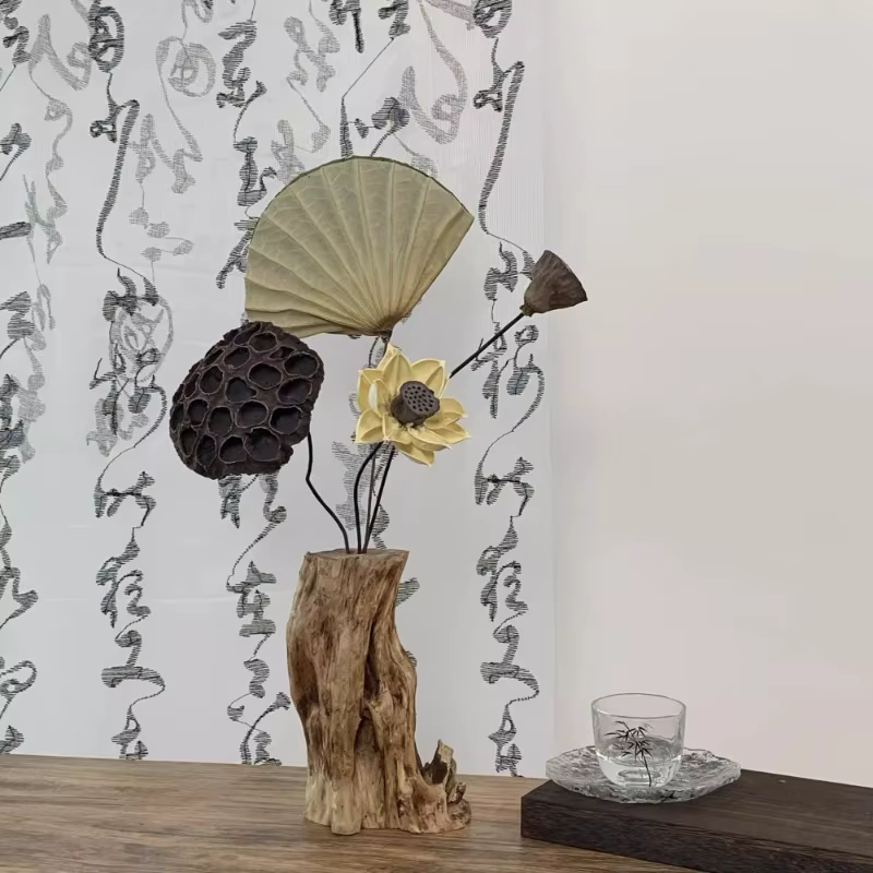 Vase de fleurs séchées en bois massif zen rétro chinois