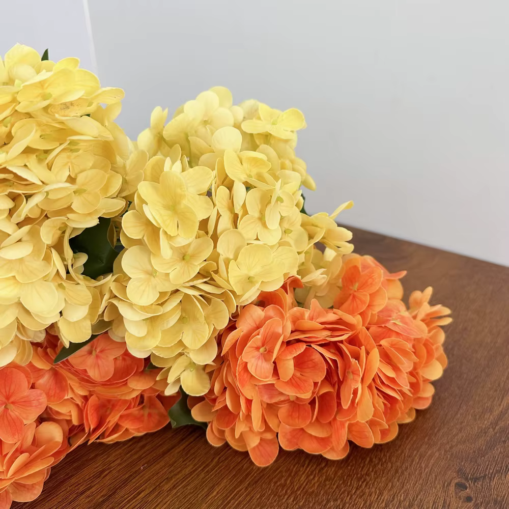 Nouvelle grande fleur artificielle d'hortensia hydratante True Touch Orange jaune faux hortensia décoration de salon scène de mariage