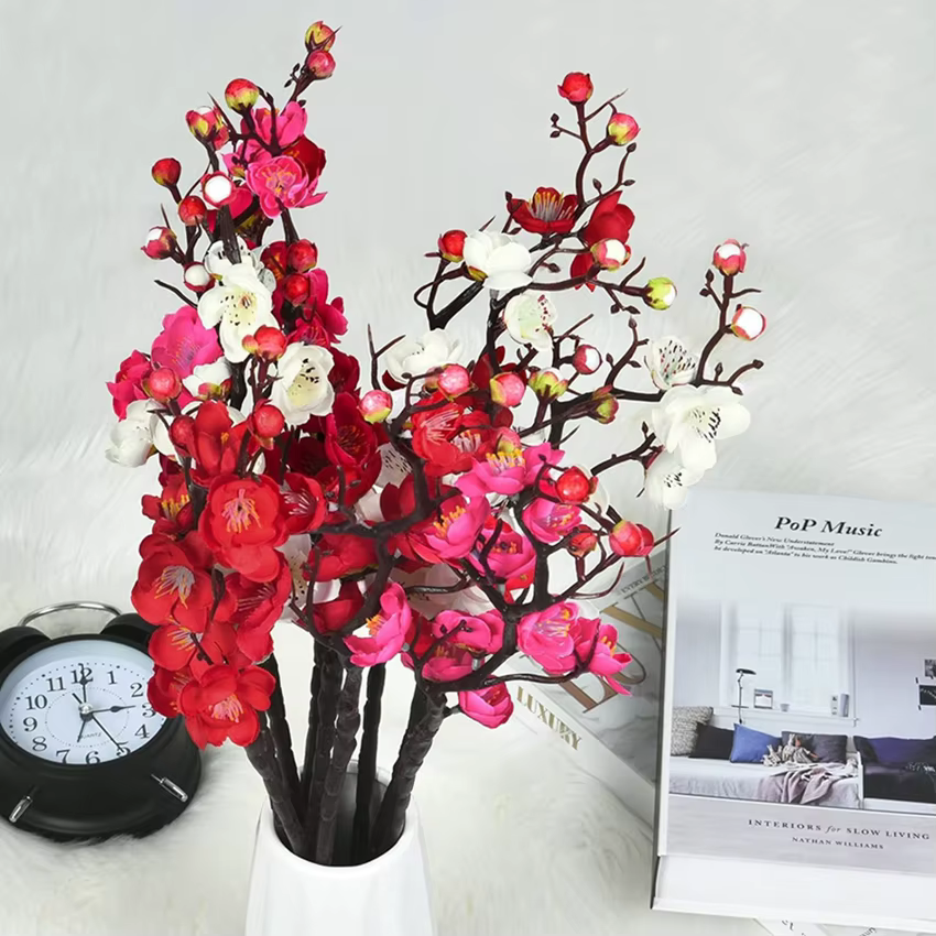 1pcs fleurs artificielles fleur de prunier pêche branche soie