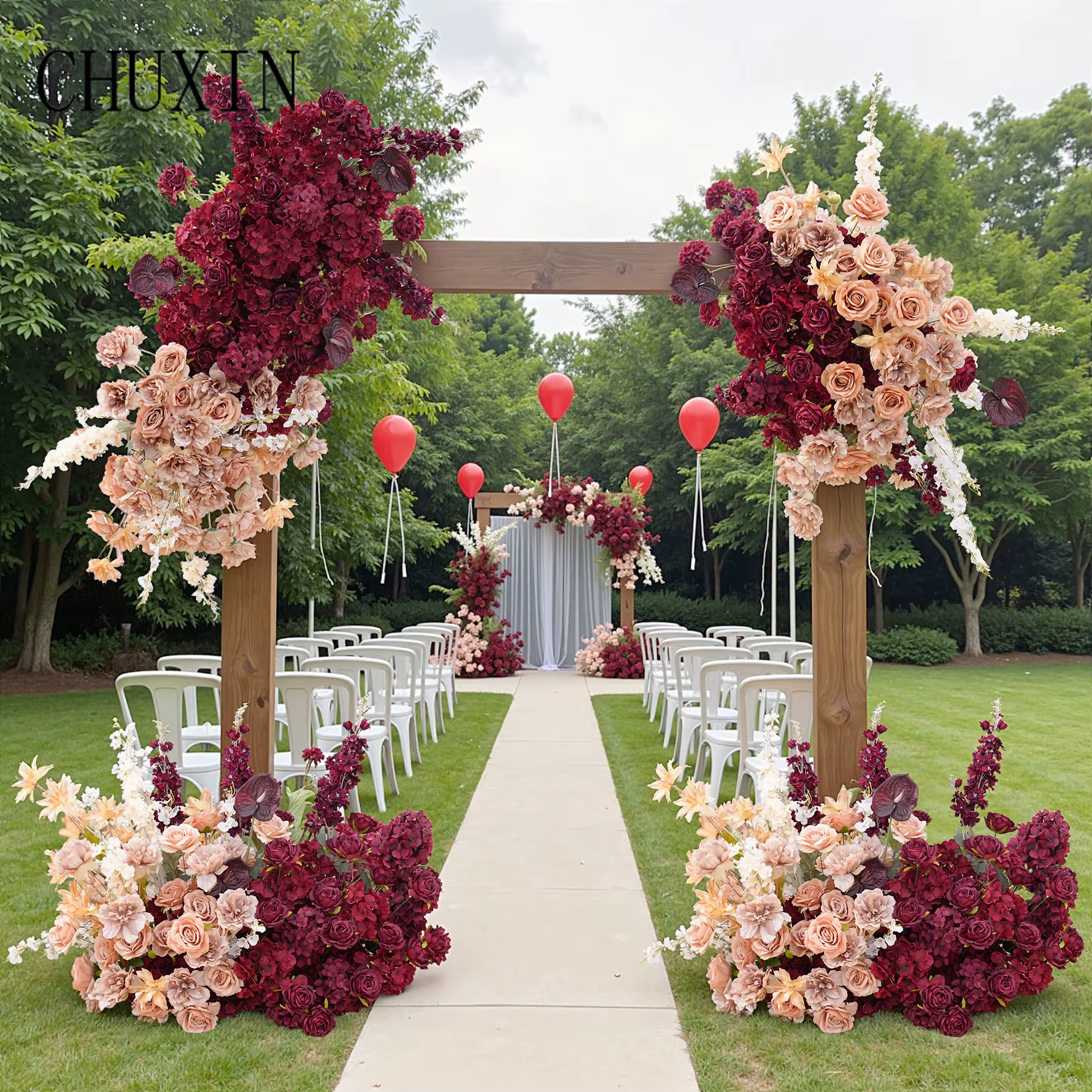 C8987 automne café Delphinium bordeaux Roses accrocher Imitation arrangements floraux mariage Photo décors sol fleurs événement accessoires