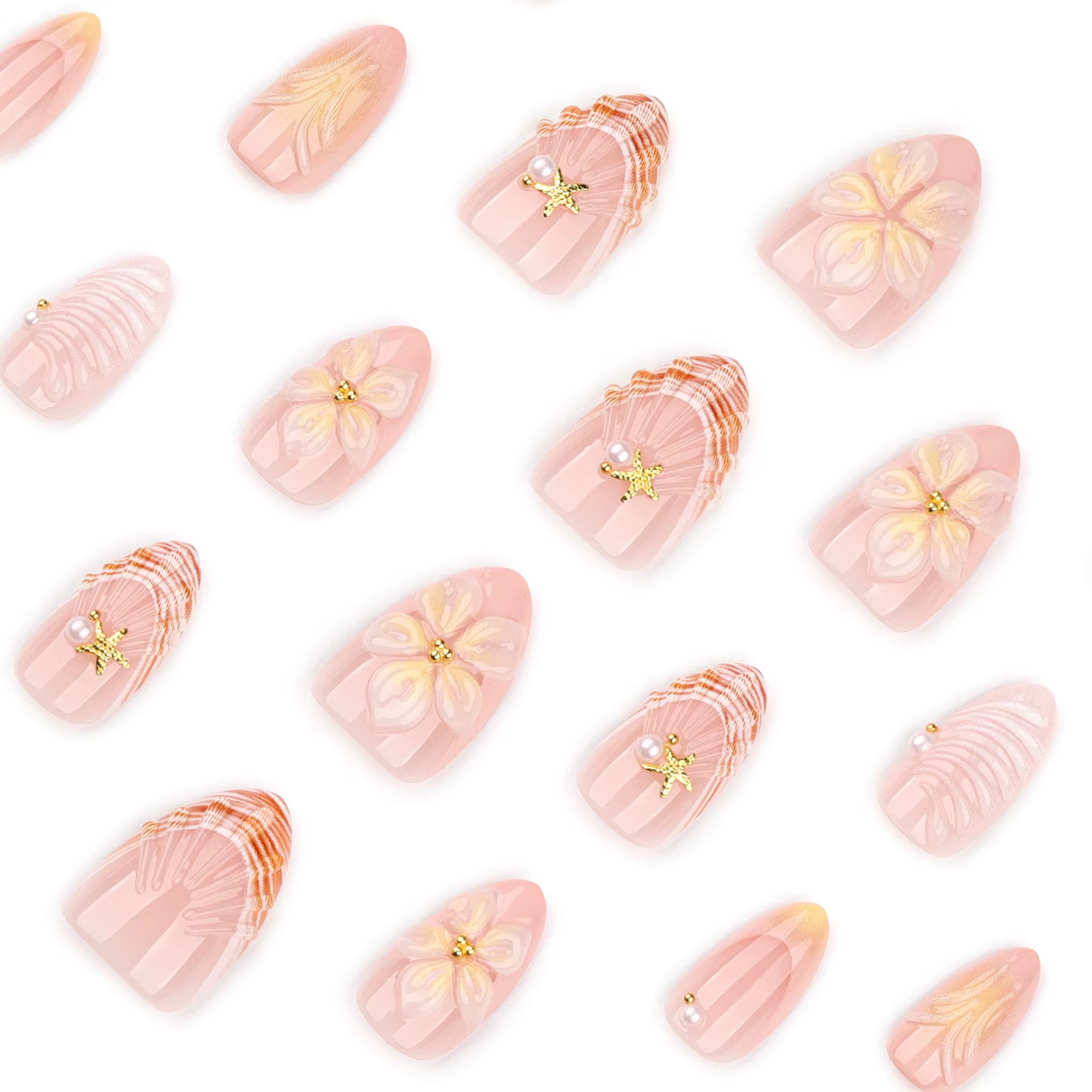 30 faux ongles de style français avec dégradé de fleurs et perles, design 3D pour femmes