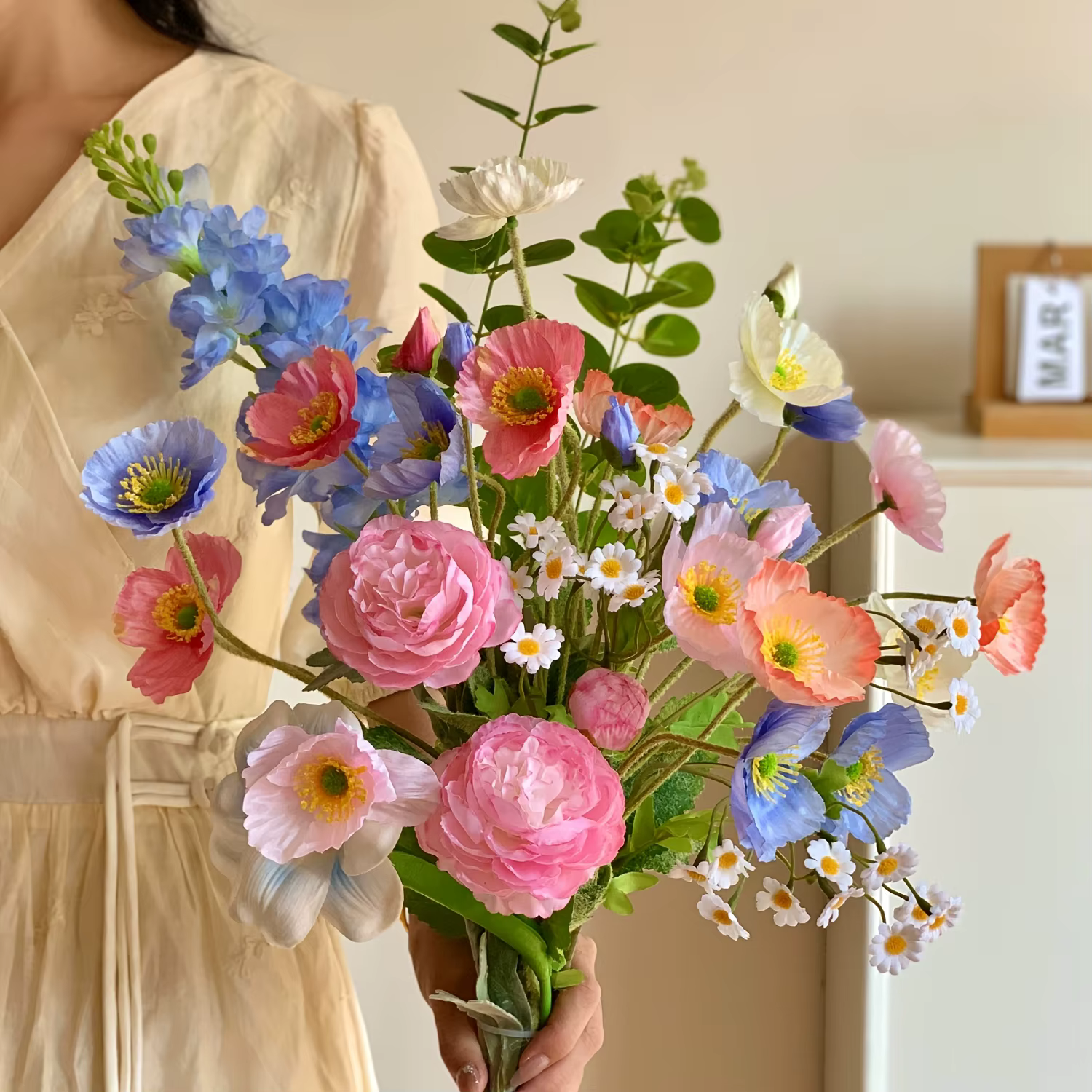 Bouquet de 11 tiges de fleurs artificielles mélangées de pavot de Inde pour l'aménagement des salons et des salles à manger