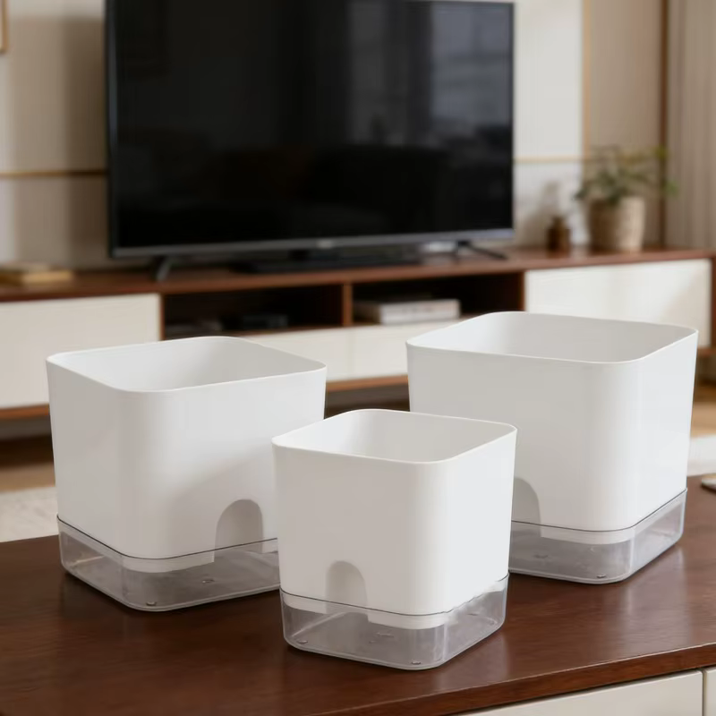 Pot de fleurs auto-arrosant blanc carré à double couche pour plantes d'intérieur et d'extérieur