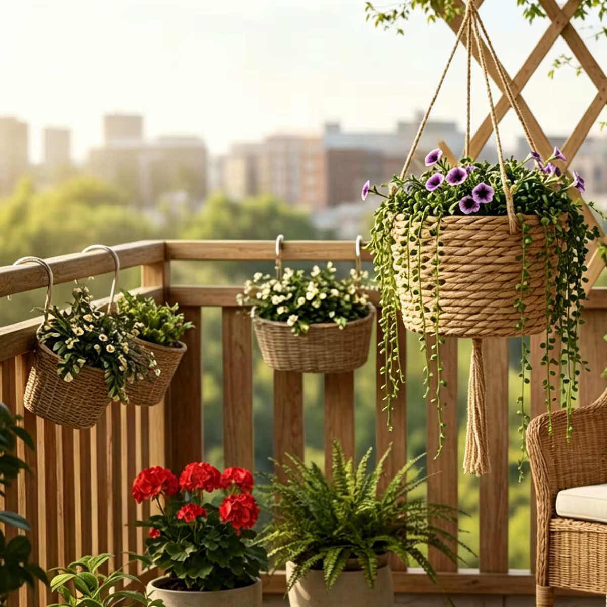 Pot de fleurs suspendu en paille pour balcon
