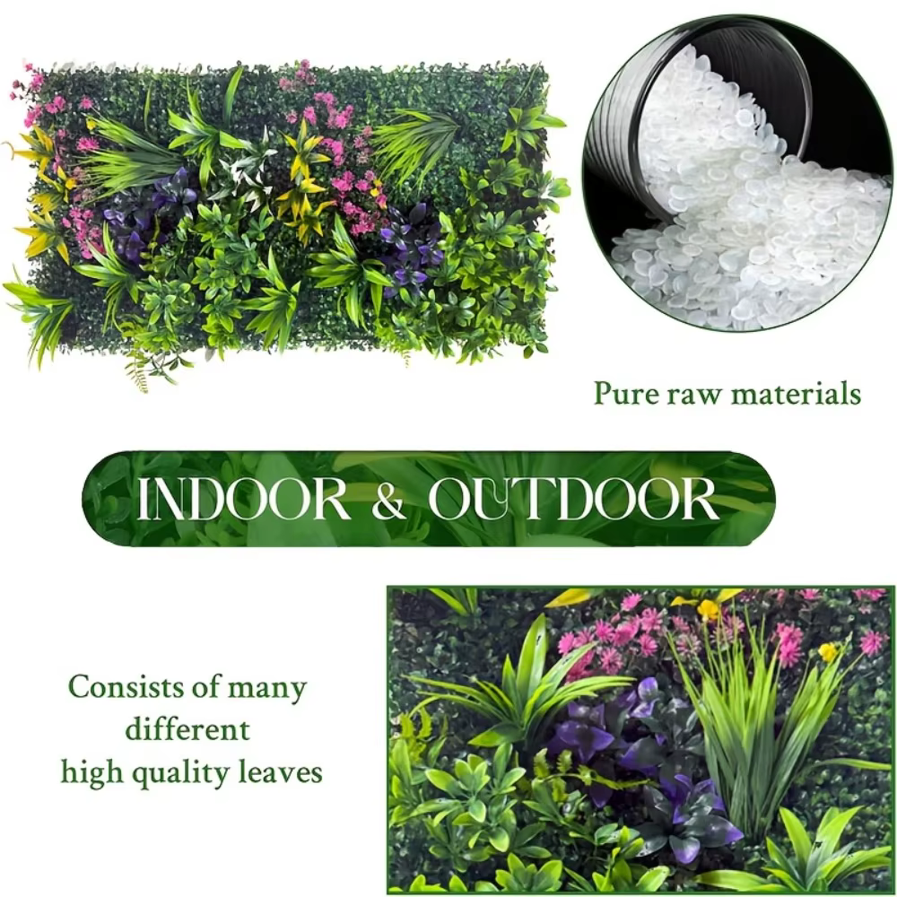 Panneau mural décoratif en plantes vertes artificielles haut de gamme de 50 à 100 cm avec textures de feuilles et de fleurs réalistes pour la décoration extérieure