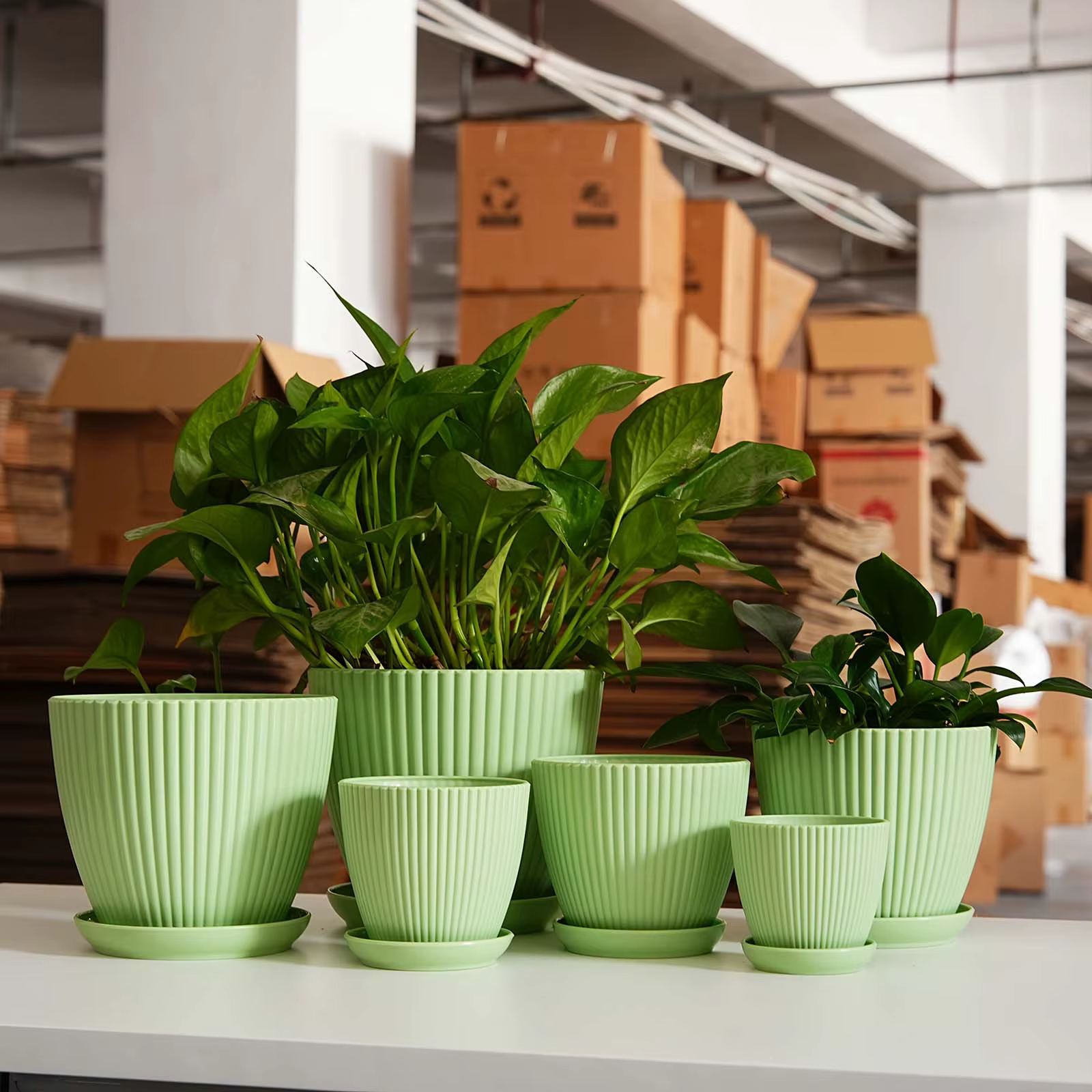 Pot de fleurs à rayures verticales en plastique épaissi avec soucoupe de drainage