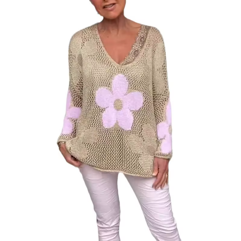 Pull tricoté ajouré pour femmes, col en v, fleur, ample, Design décontracté, mode, nouvelle Niche polyvalente, slim, été, printemps