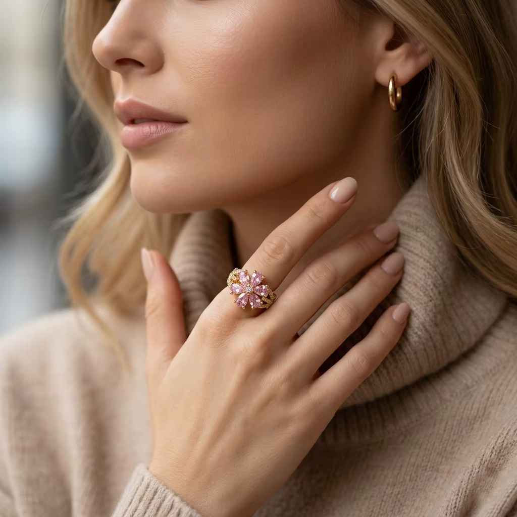 Ensemble de bagues ouvertes réglables en forme de fleur rose avec pierres en zircone cubique pour un usage quotidien et pour les fêtes, cadeau idéal pour les femmes
