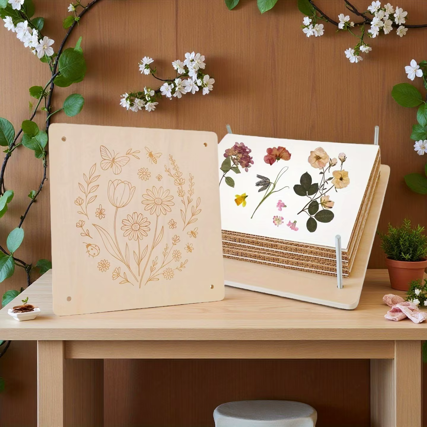 Kit de pressage de fleurs en bois, ensemble de pressage de feuilles et de plantes réutilisable pour la création de fleurs séchées DIY