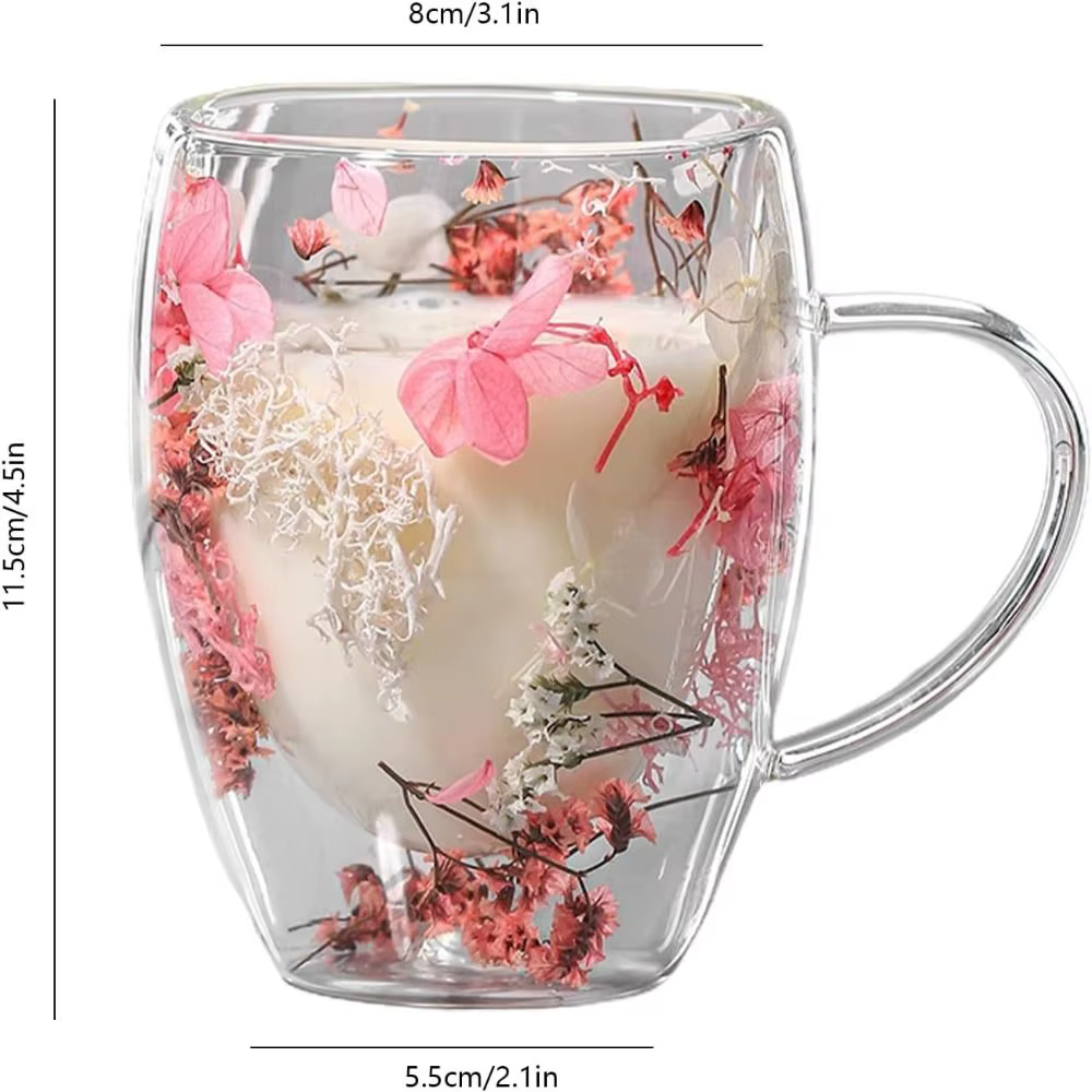 Tasse à café à double paroi de fleurs séchées, tasses en verre de fleurs séchées, tasse de fleurs créatives uniques avec poignée, tasse anti-brûlure, 350ml