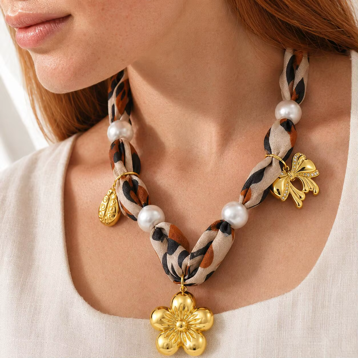 Collier en perles avec ruban léopard pour femmes, breloque florale plaquée or 18 carats, accessoire de mode vintage français