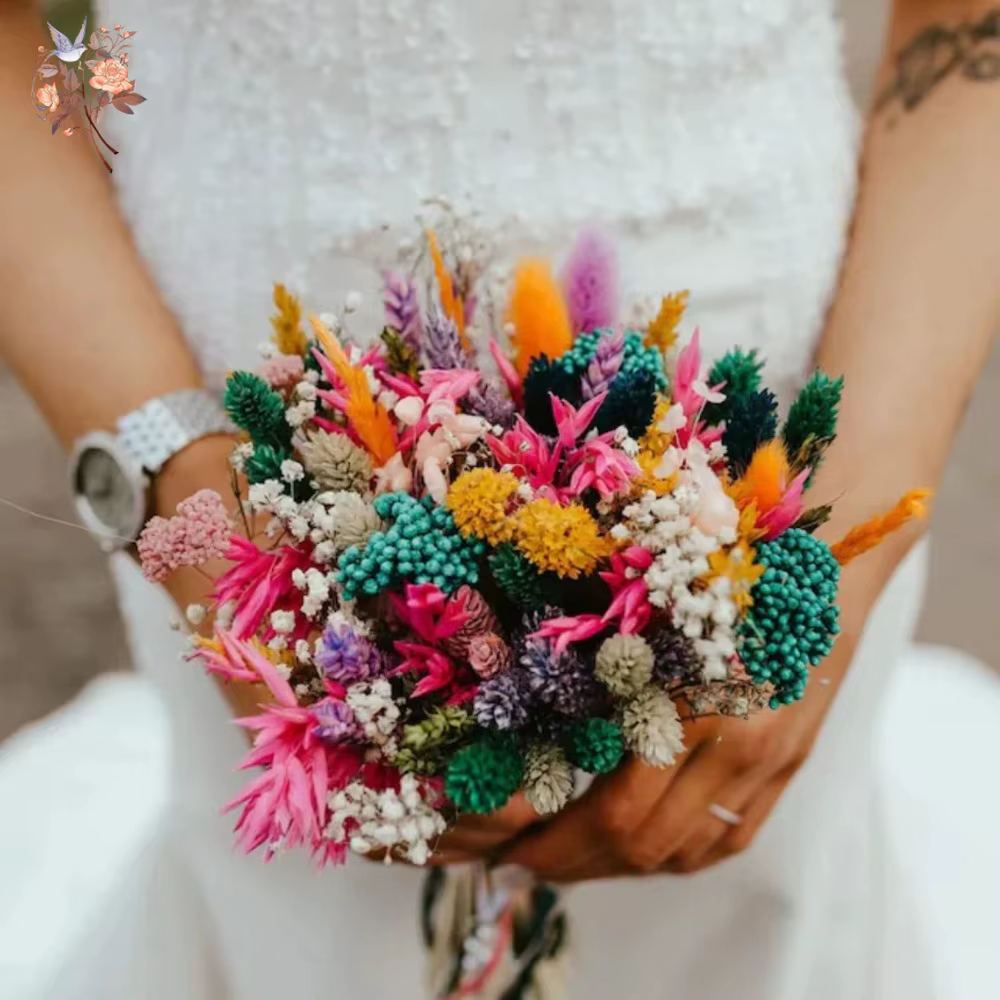 Bouquet de mariage de fleurs séchées colorées pour mariée