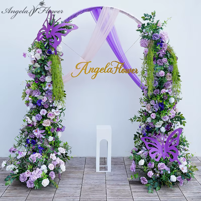 A8728 violet Rose verdure glycine fleur rangée corne arc cadre décor fournitures mariage scène sol Floral Arrangement accessoires