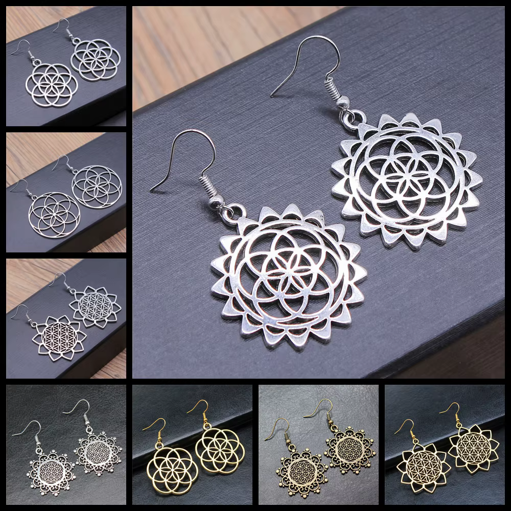 Boucles d'oreilles rondes sculptées à la main pour femmes, bijoux de déclaration uniques, vente en gros, fleur de vie, vente en gros