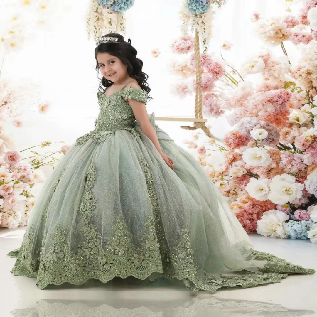 Robes de demoiselle d'honneur vertes pour mariage, avec des Appliques en dentelle, longueur au sol, robes de fête d'anniversaire pour filles, robes de première Communion personnalisées