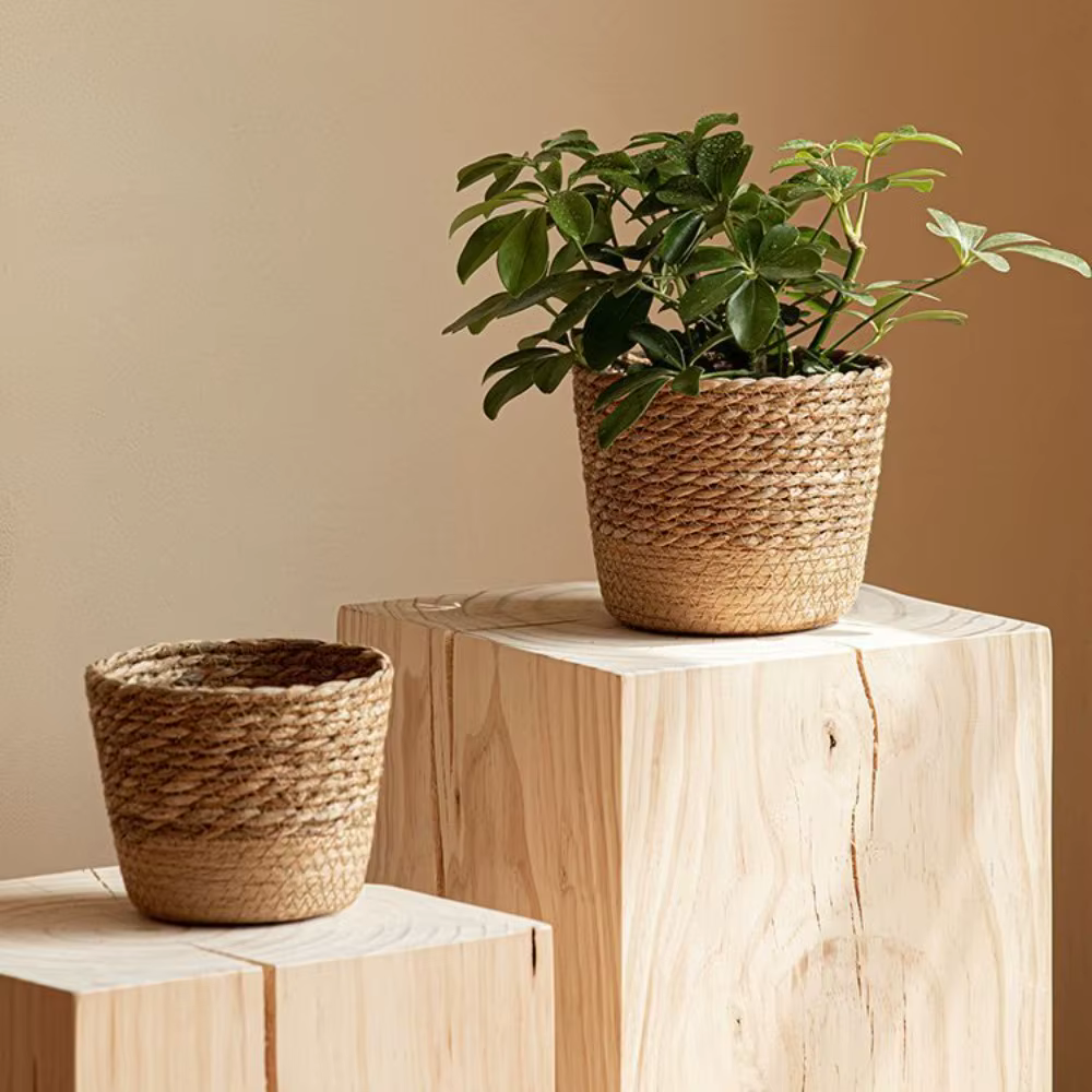Pot de plantes de fleurs tissées en paille
