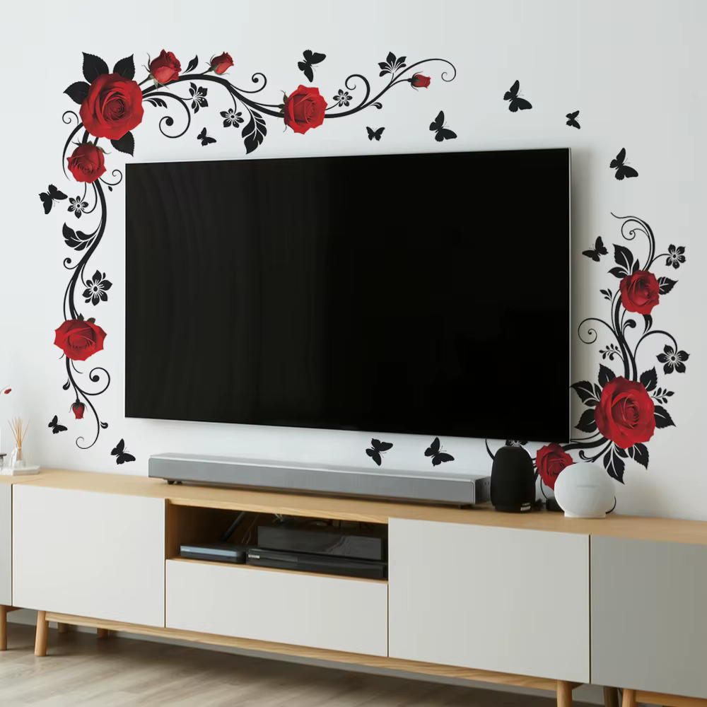Sticker mural papillon et fleurs rouges