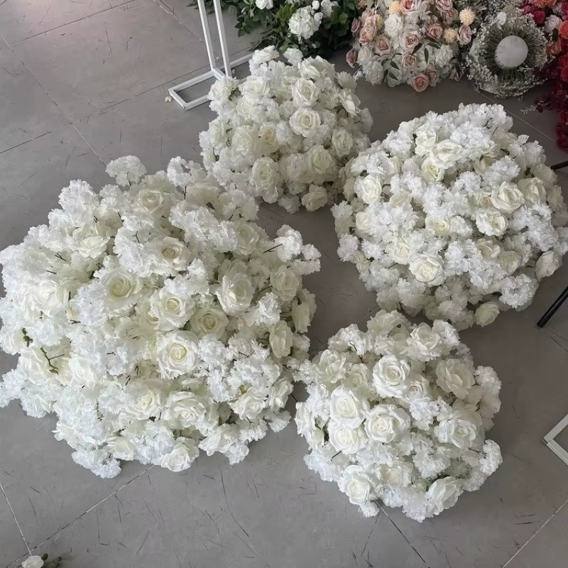 Boule de fleurs artificielles blanches de 80 cm en cerisier et roses pour décoration de table de mariage, porte-bougie, dîner de la Saint-Valentin