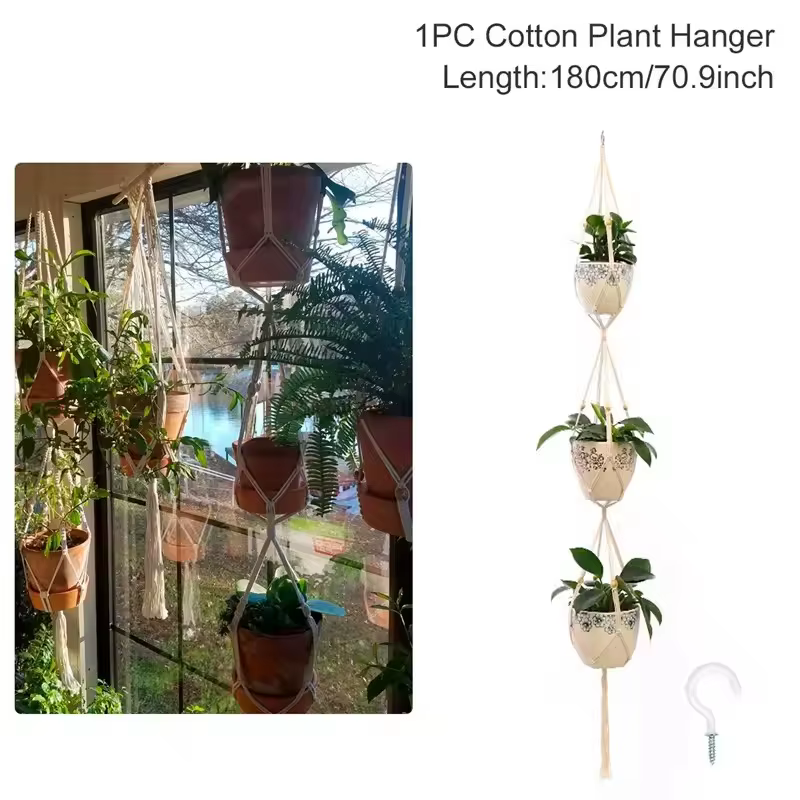 Support mural en macramé fait main pour plantes suspendues