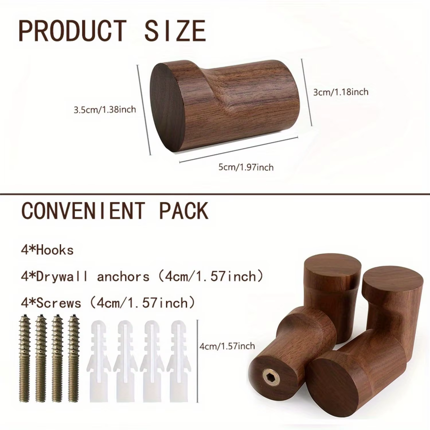 Lot de 1 à 6 crochets muraux antidérapants en noyer
