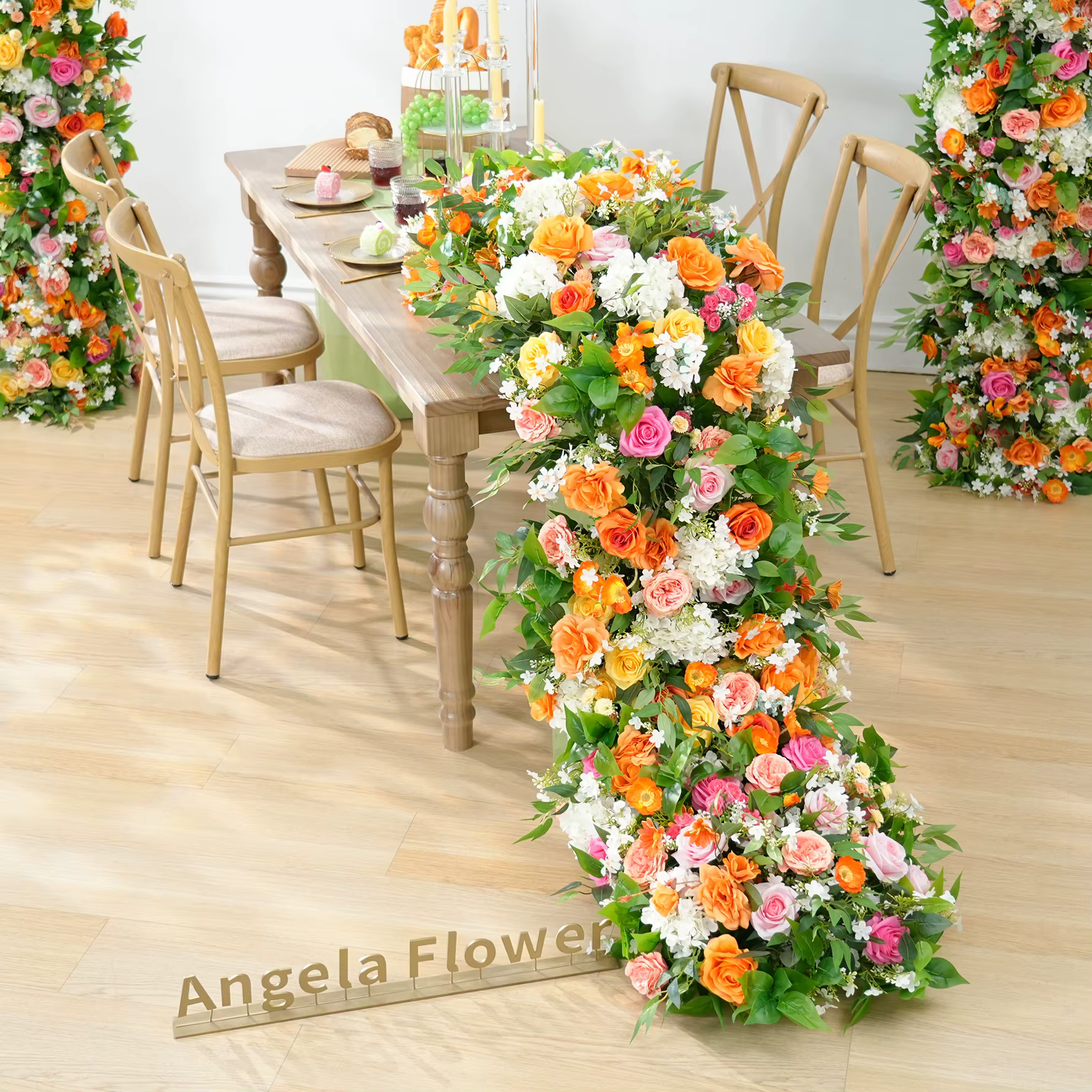 A8935 Orange rose vif verdure Arrangement de fleurs Table canapé chemin rangée florale événement fête mariage toile de fond décor accessoires
