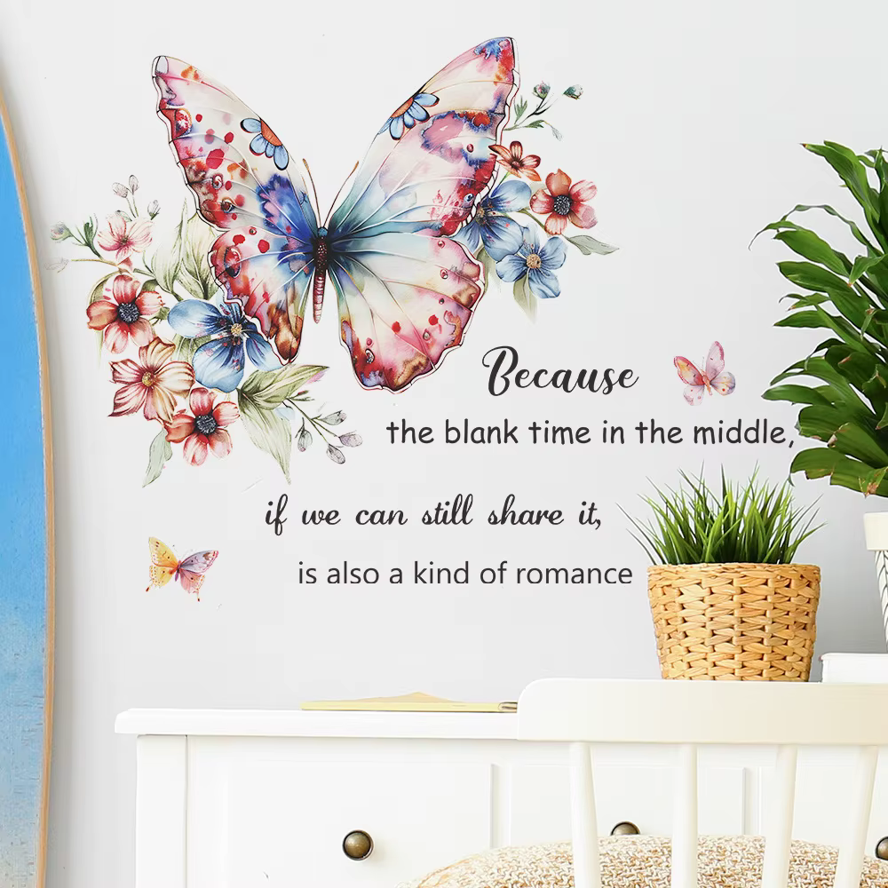 Autocollant mural anglais motif fleur et papillon