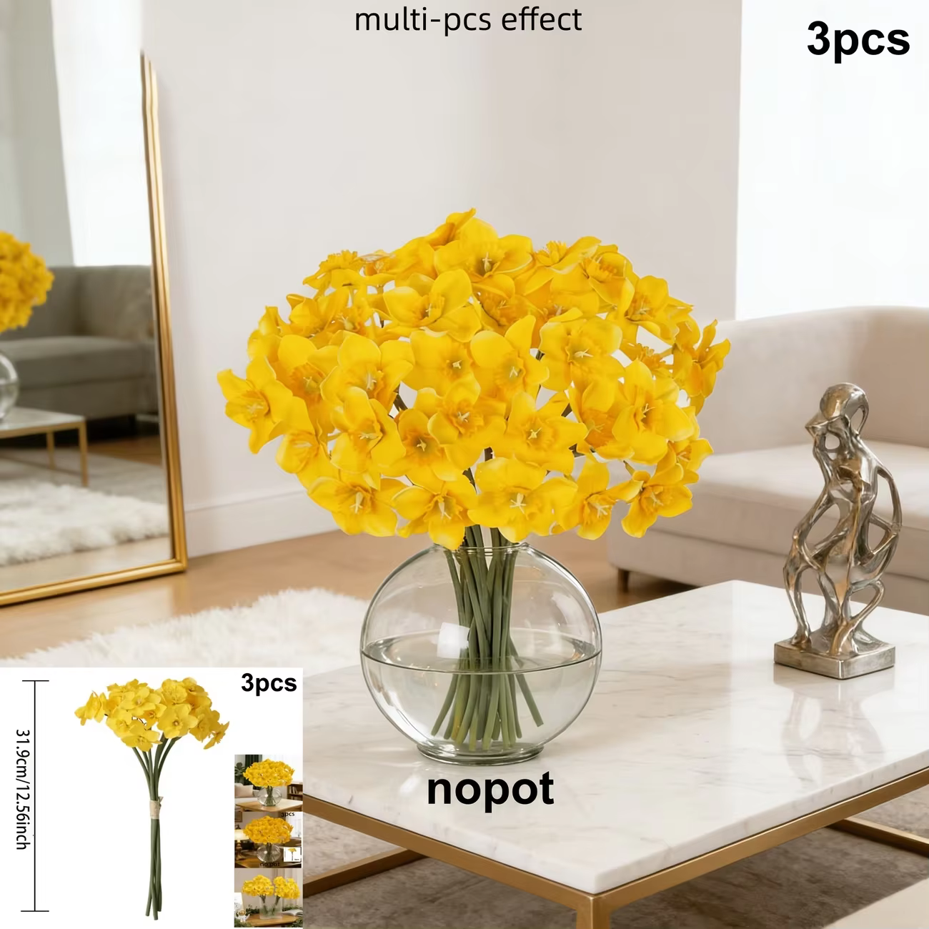 6/12 tiges de fleurs artificielles jaunes en forme de narcisse
