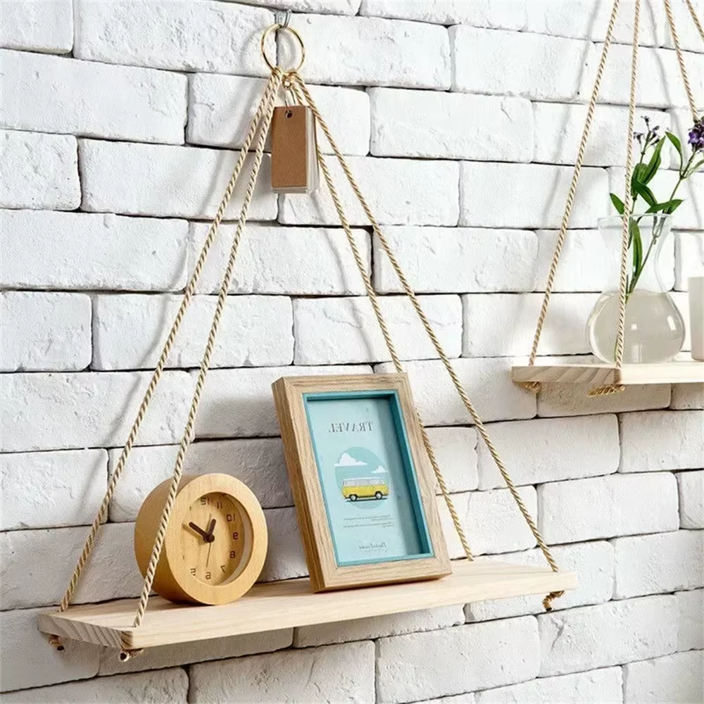 1pc Étagère murale suspendue en bois avec corde de chanvre