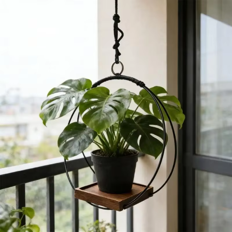 Jardinière suspendue noire avec base en bois