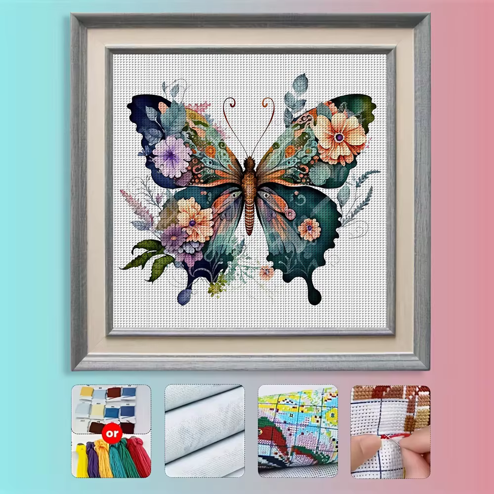 Kit de broderie au point de croix Fleur Papillon DIY 11CT, décoration murale pour la maison, cadeau fait main, matériel sans cadre, semi-fini 36×36cm