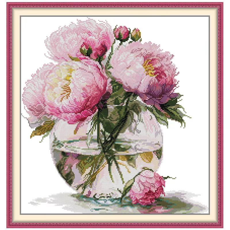 Vase de pivoine motifs de fleurs compté point de croix ensemble bricolage 11CT 14CT 16CT estampillé DMC