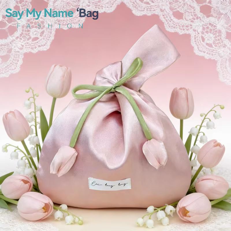 Sac fourre-tout tendance en forme de tulipe, sac seau en soie douce lavable, sac à main élégant pour femme, sac de poignet en forme de gilet, sac de rangement pour soirée