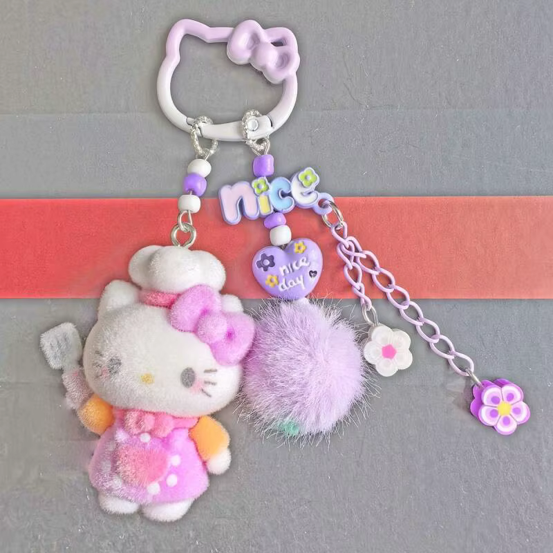 Porte-clés Hello Kitty floqué, breloque de sac, pendentif pompon floral pour accessoire quotidien et décoration assortie