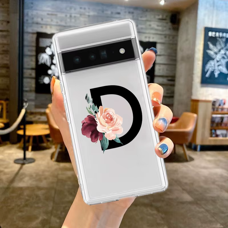 Coque de téléphone transparente en silicone souple antichoc avec lettres de fleurs S, coque pour Google Pixel 9 Pro XL 8 7 6 Pro 8A 7A snap5 4 5A 4A 3A XL 5G