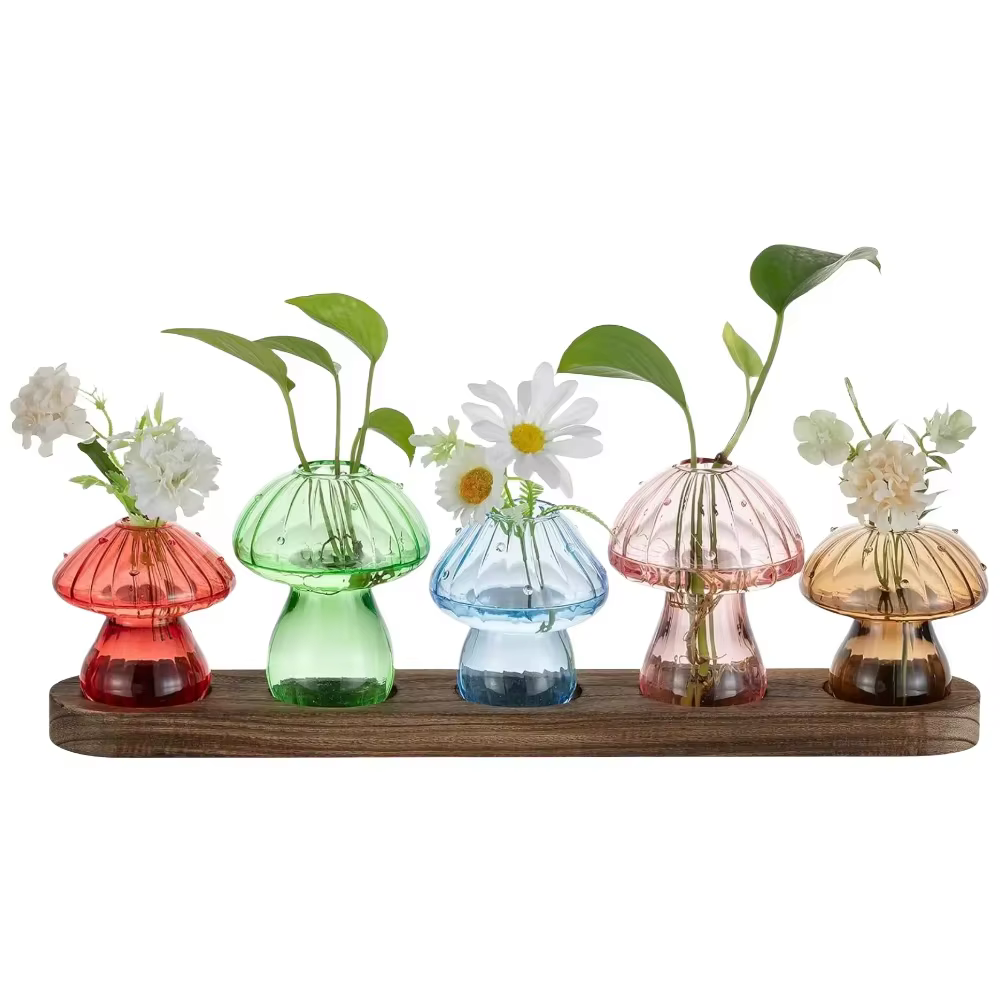 Vase de jardinière en verre de champignon avec Base en bois