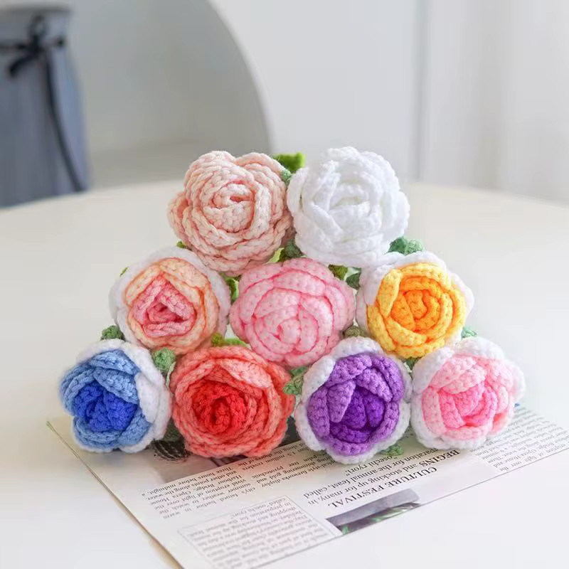 1/3 Pièces Fleurs Artificielles Roses au Crochet Faites à la Main Produits Finis pour Jardin Extérieur Mariage Bouquet de Mariée Fête à Domicile Cadeau DIY