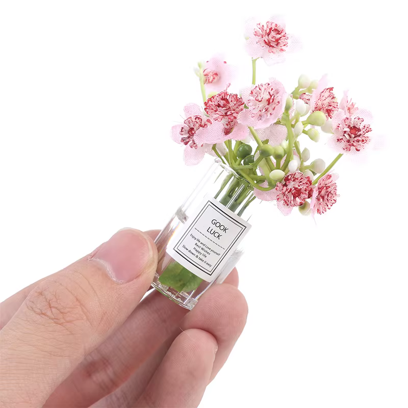 Ensemble de Vase à fleurs rose jasmin Miniature pour maison de poupée 1:12