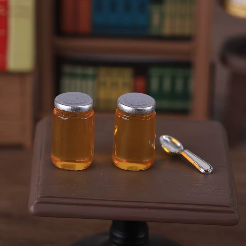 Lot de 5 mini pots de miel en résine, modèle miniature pour maison de poupée, aliments simulés, pendentif DIY, fausse nourriture, accessoires de jeu et de décoration pour poupées