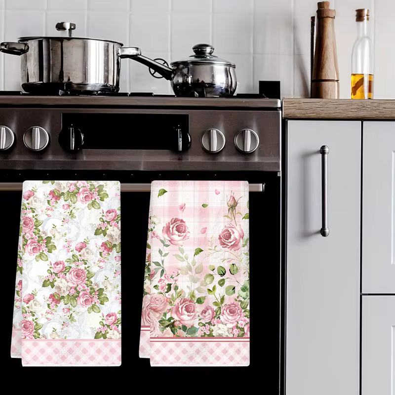 Lot de 2 torchons de cuisine roses à motifs floraux printaniers