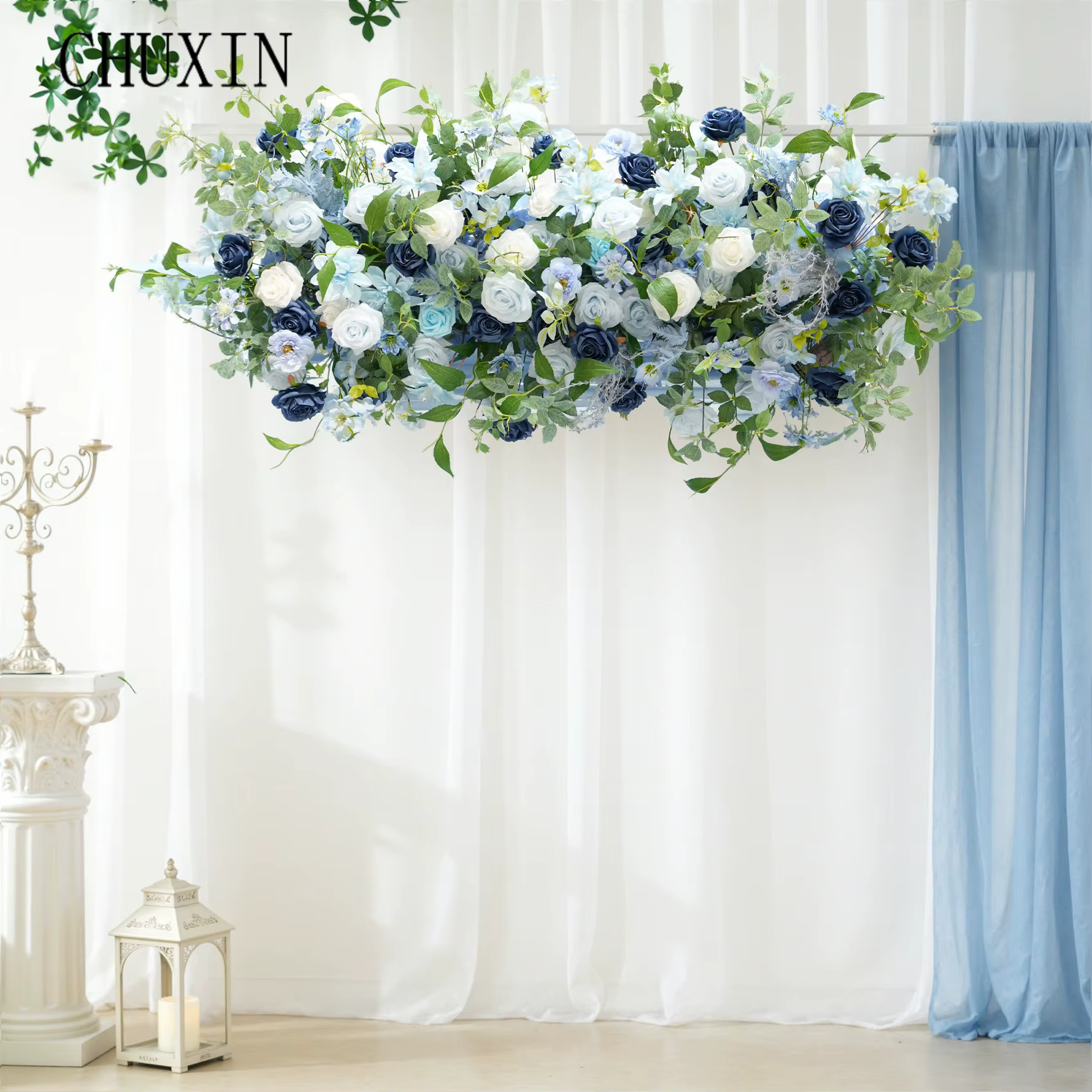 CHUXIN C9076 Guirlande de fleurs artificielles roses bleues et feuilles vertes pour arrangements de mariage