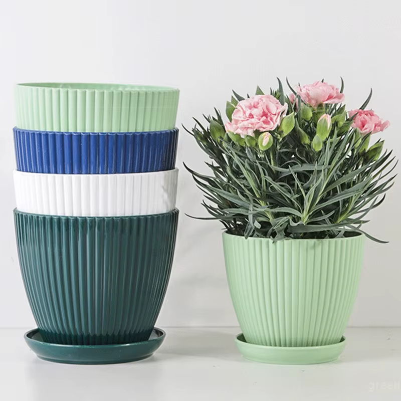 Pots de fleurs en plastique avec plateau