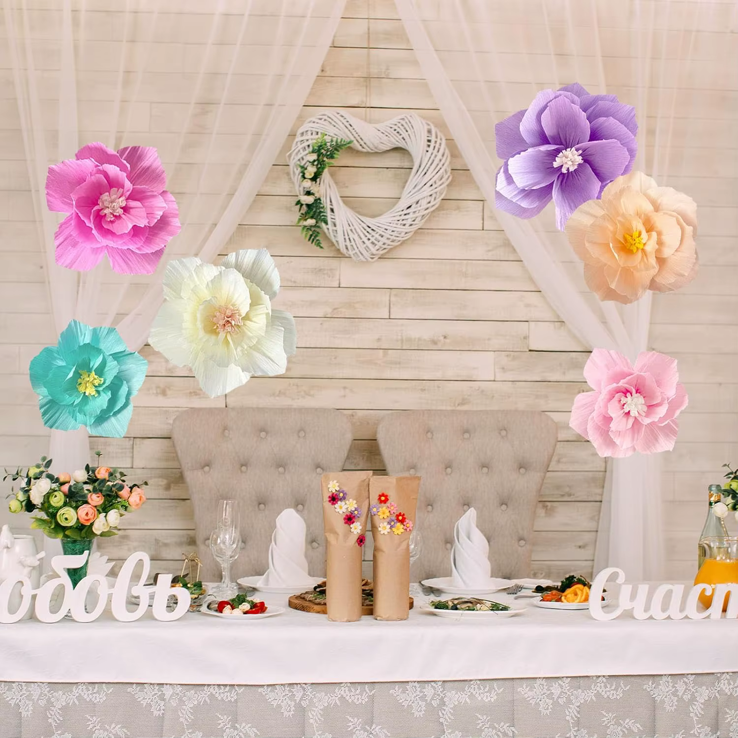 6 pièces fleurs en papier rose violet ivoire bleu clair Pastel crêpe artificielle tissu mur décor à la maison mariage anniversaire mariée bébé