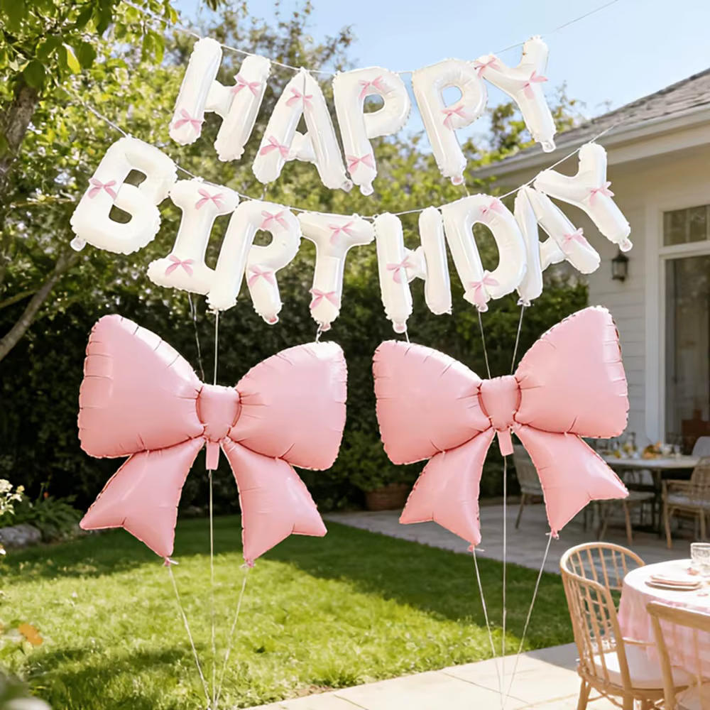 Ballon d'anniversaire rose avec nœud, ballon lettre Joyeux Anniversaire avec ruban rose pour décoration de mariage, Saint-Valentin, anniversaire, demande en mariage