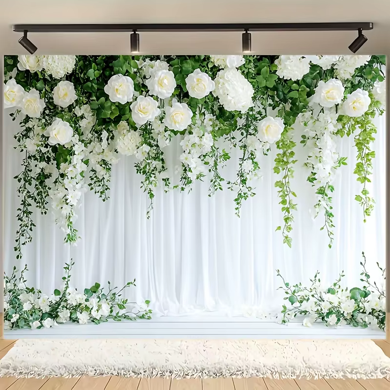 Fond de photographie de plantes vertes élégantes et fleurs blanches – facile à accrocher
