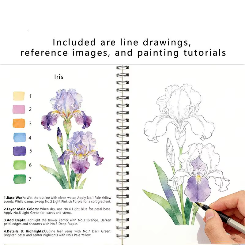 Cahier d'exercices de fleurs en aquarelle à spirale, guides en papier épais pour les artistes débutants, fournitures pour la pratique quotidienne du dessin