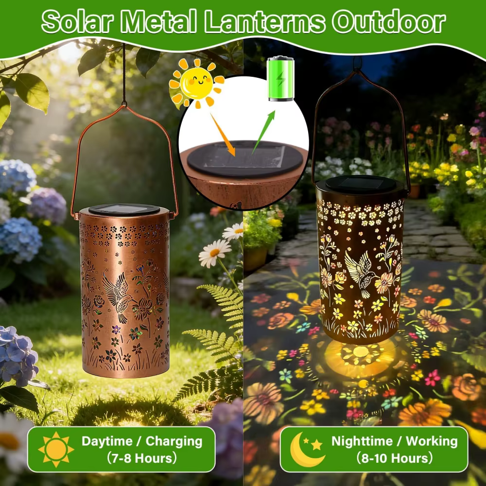 Lanterne solaire suspendue en métal avec projection de colibris et tournesols colorés pour la décoration extérieure de table, jardin, patio et cour