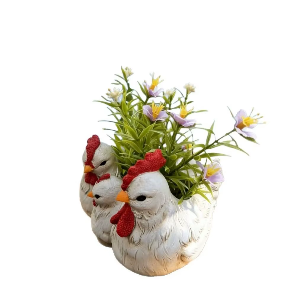 Pot de fleurs décoratif en forme de famille de poulets